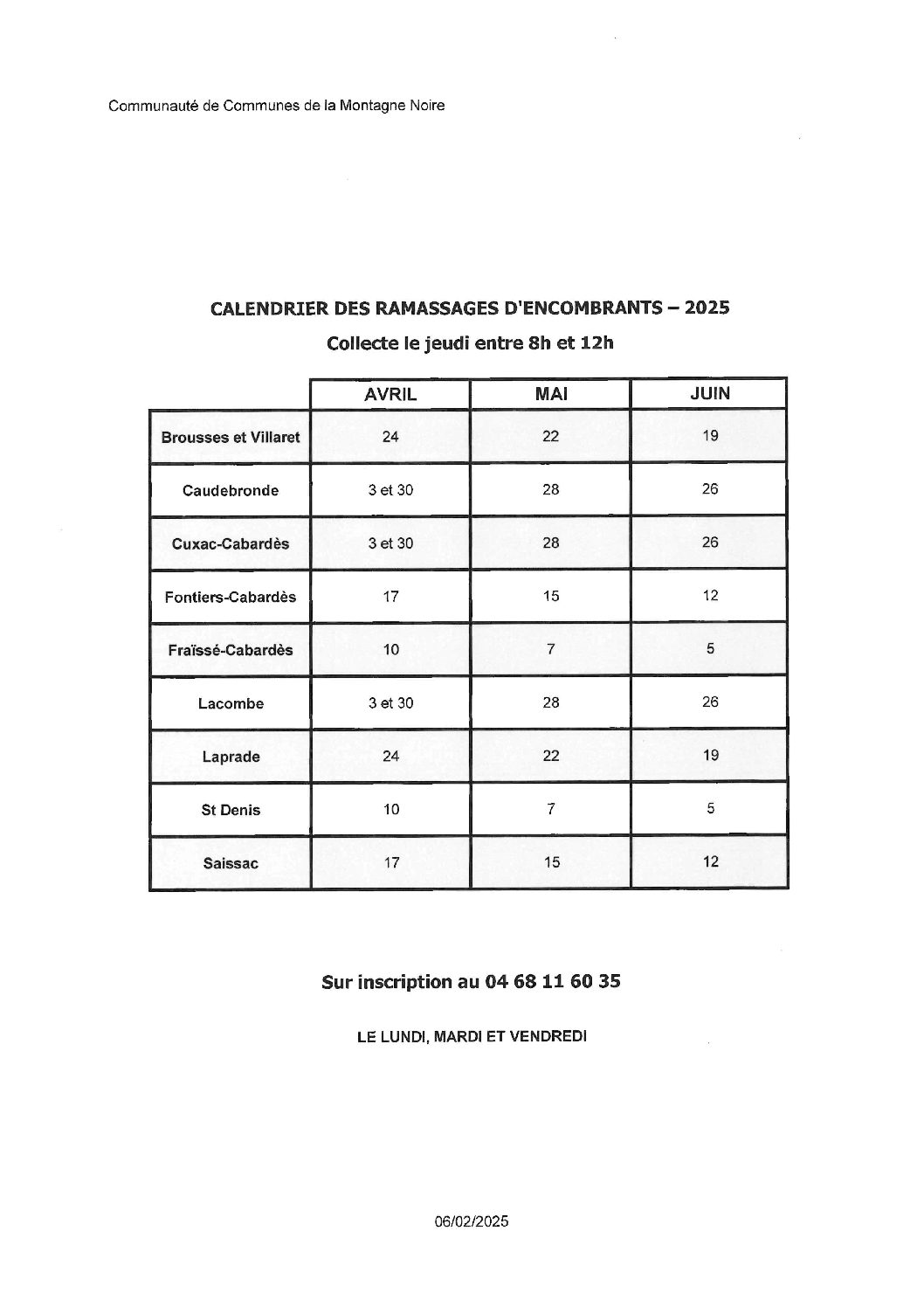 CALENDRIER DES RAMASSAGES D’ENCOMBRANTS 2025