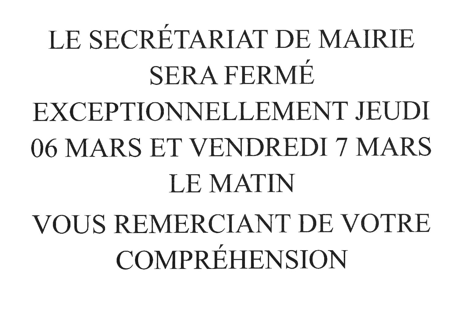 Fermeture secrétariat de mairie